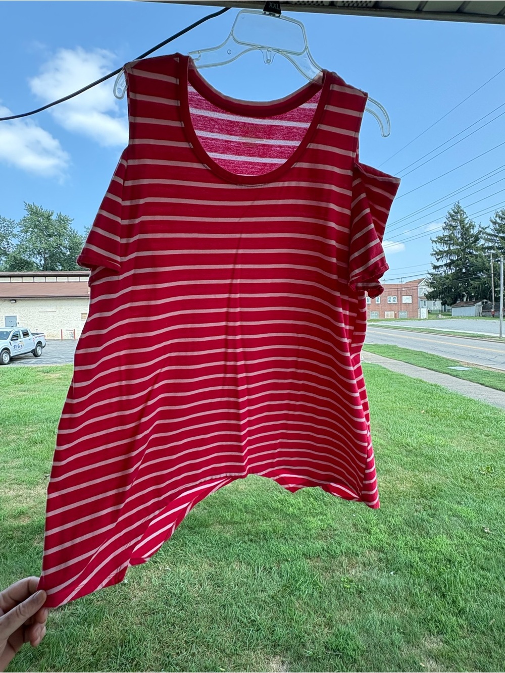 Lane Bryant Red & White Striped Cold-Shoulder Tank
